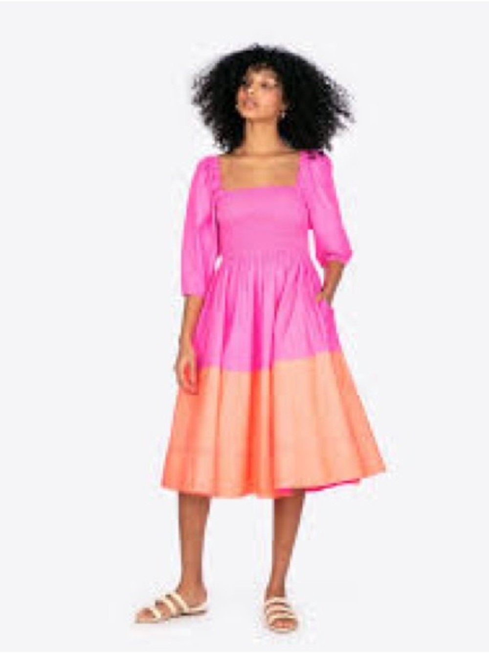 Tanya Taylor Karena Colorblock Pink Orange Neon Puff Sleeve Midi Dress Medium